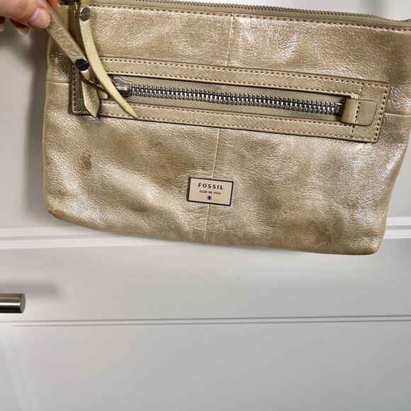 FOSSIL Issue No 1954 Goat Hide Leather Crossbody Zipper Bag Tan Shimmer - Picture 3 of 6